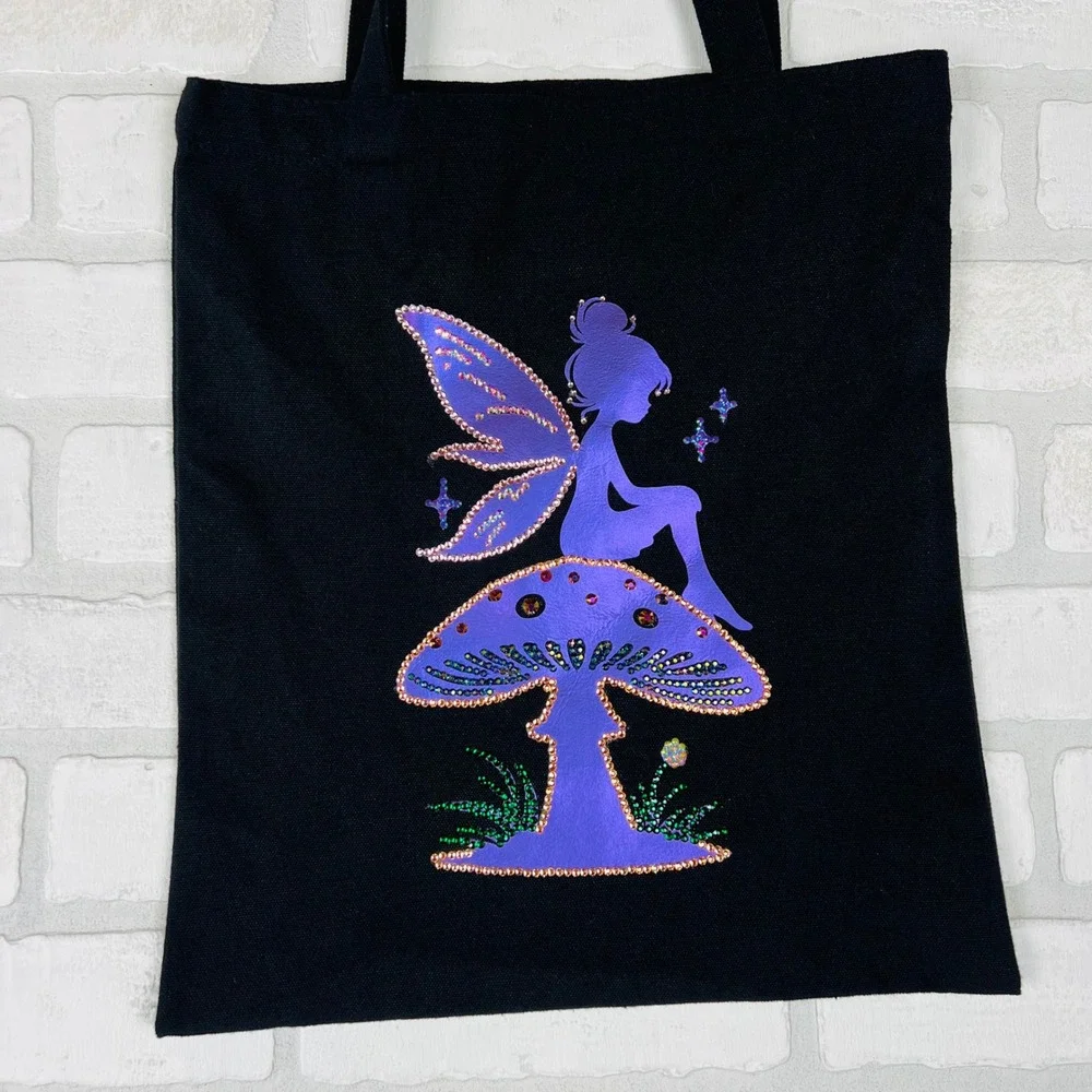 Black Fairy Mushroom Rhinestone Iridescent Canvas Tote Kids Bookbag 12 x 14.5